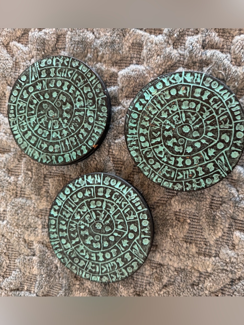 Patina Spiral Rune Coasters - Turquoise Green on Dark Metal (Set of 6)
